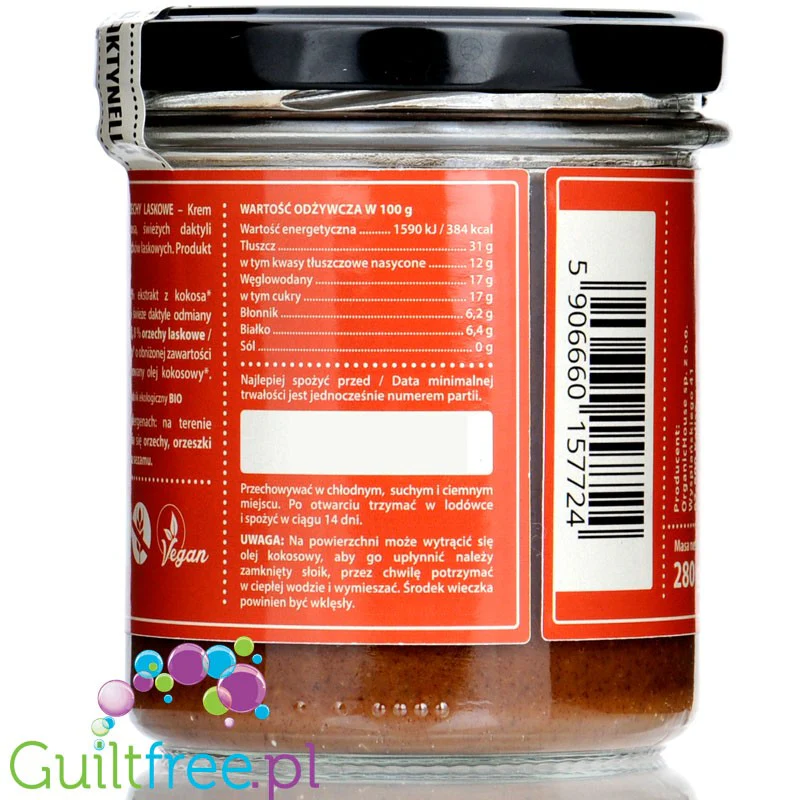 Organic House Daktynella Orzechy laskowe 280g - krem daktylowo-kokosowy z orzechami laskowymi bez dodatku cukru, - Image 3