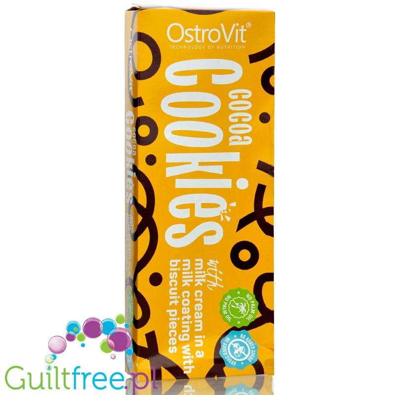Ostrovit Cookies Milk Cream & Biscuit - ciastka kakaowe z kremem w polewie z kawałkami herbatników bez dodatku cukru