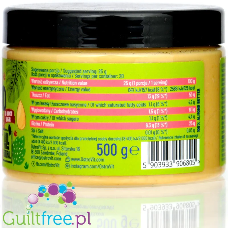 OstroVit czyste Masło Migdałowe Smooth bez cukru i soli 0,5KG - Image 3