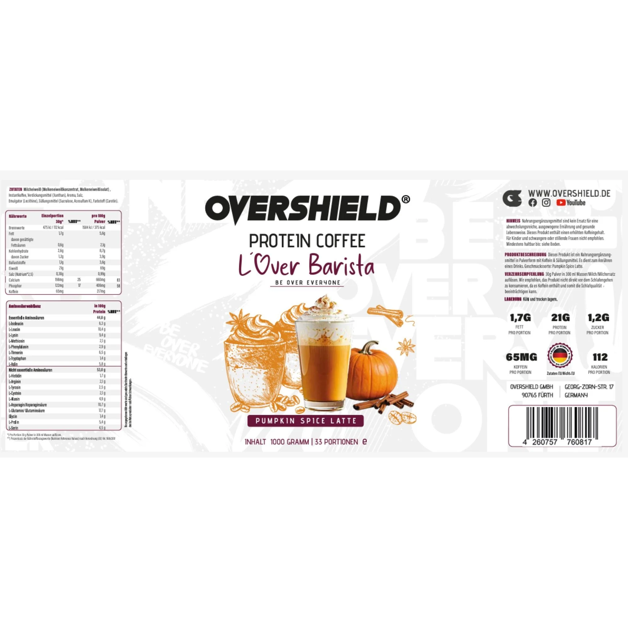 Overshield® Protein Coffee L'Over Barista Pumpkin Spice Latte - kawa proteinowa 21g białka - Image 2