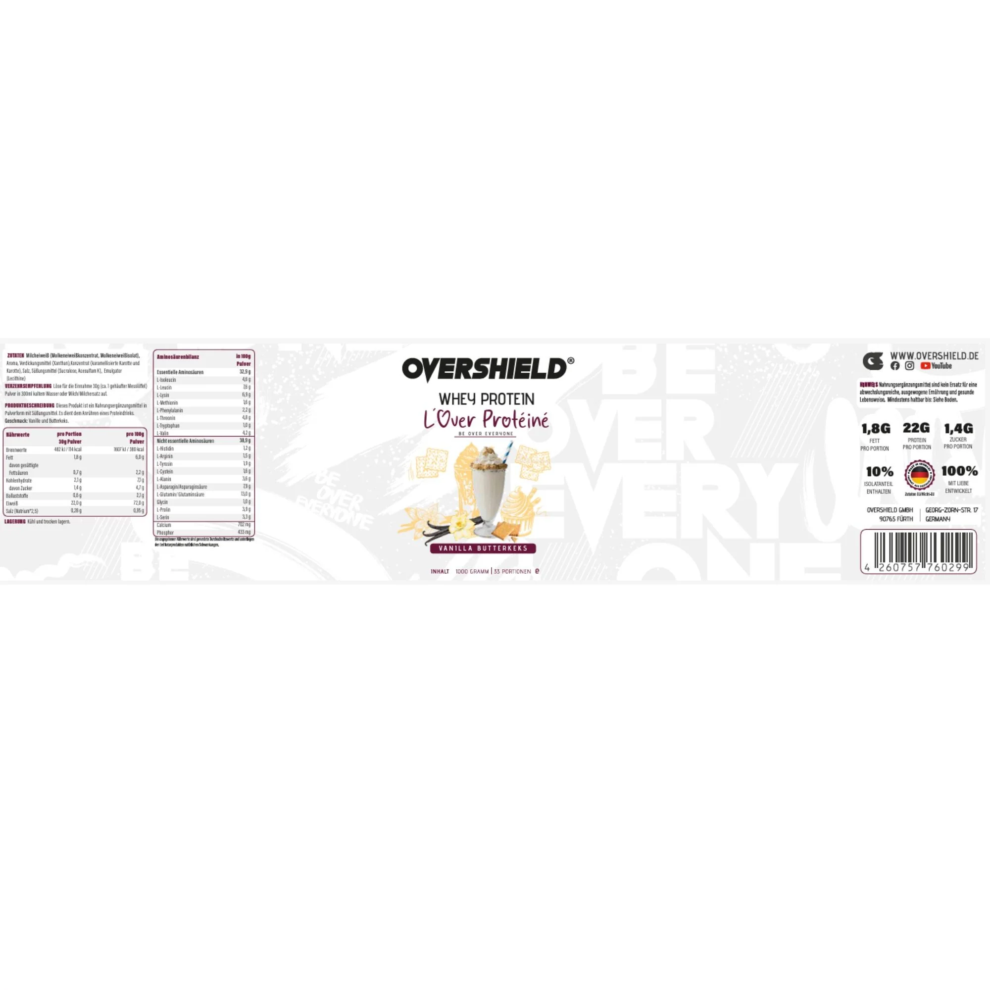 Overshield Whey Protein L’Over Protéiné Vanilla Butterkeks - kremowe deserowe białko, odżywka WPC & WPI smak Ciasteczko Maślane - Image 2