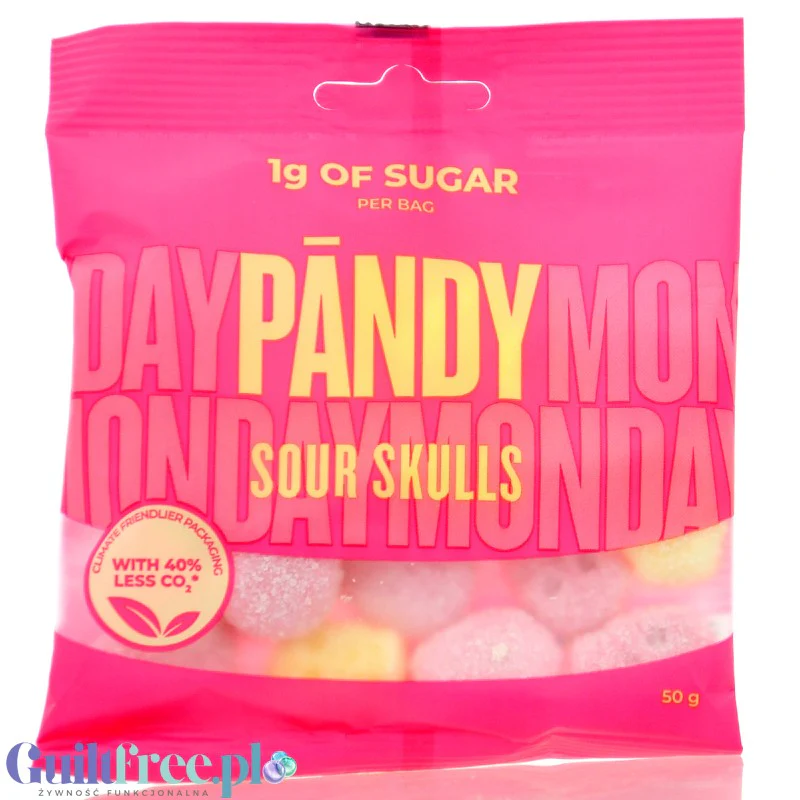 Pandy Sour Skulls - kwaśne żelki błonnikowe bez cukru 45% mniej kalorii, malinowo-cytrynowe