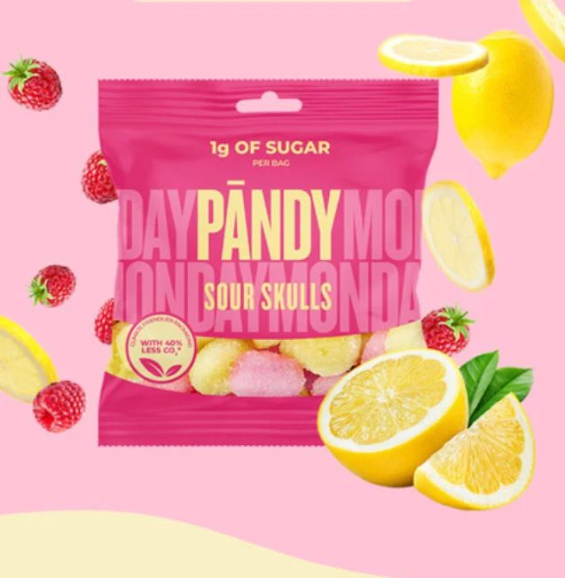 Pandy Sour Skulls - kwaśne żelki błonnikowe bez cukru 45% mniej kalorii, malinowo-cytrynowe - Image 2
