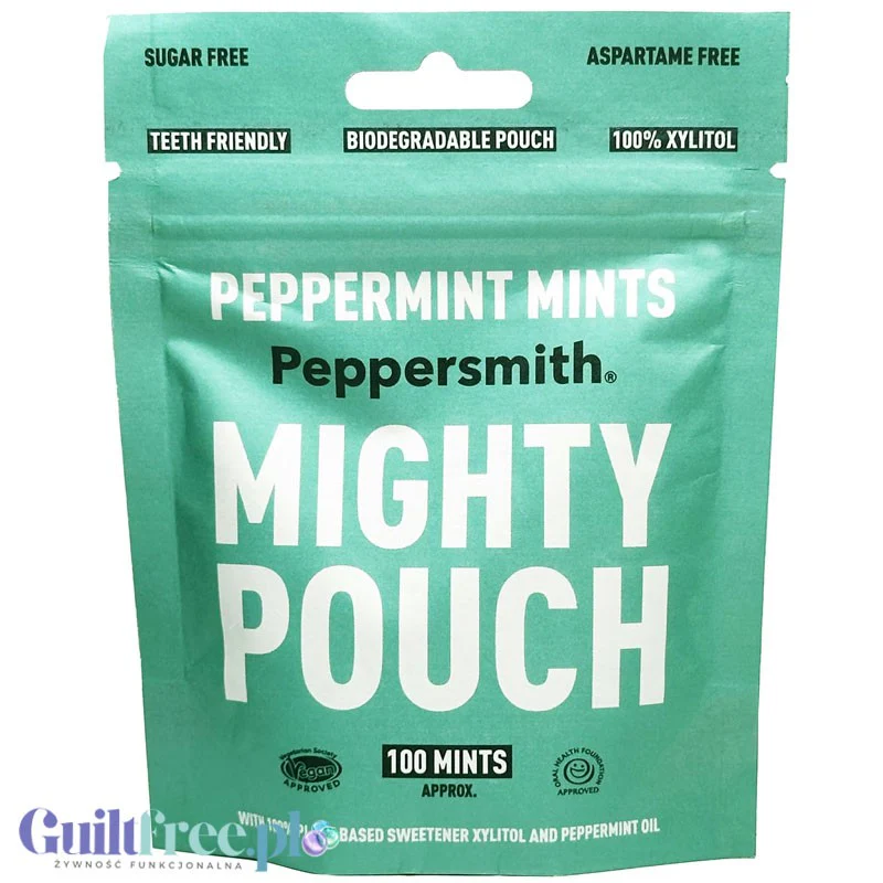 Peppersmith Spearmint Mighty Pouch 60g - guma do żucia z ksylitolem, Mięta Kędzierzawa 100 pastylek