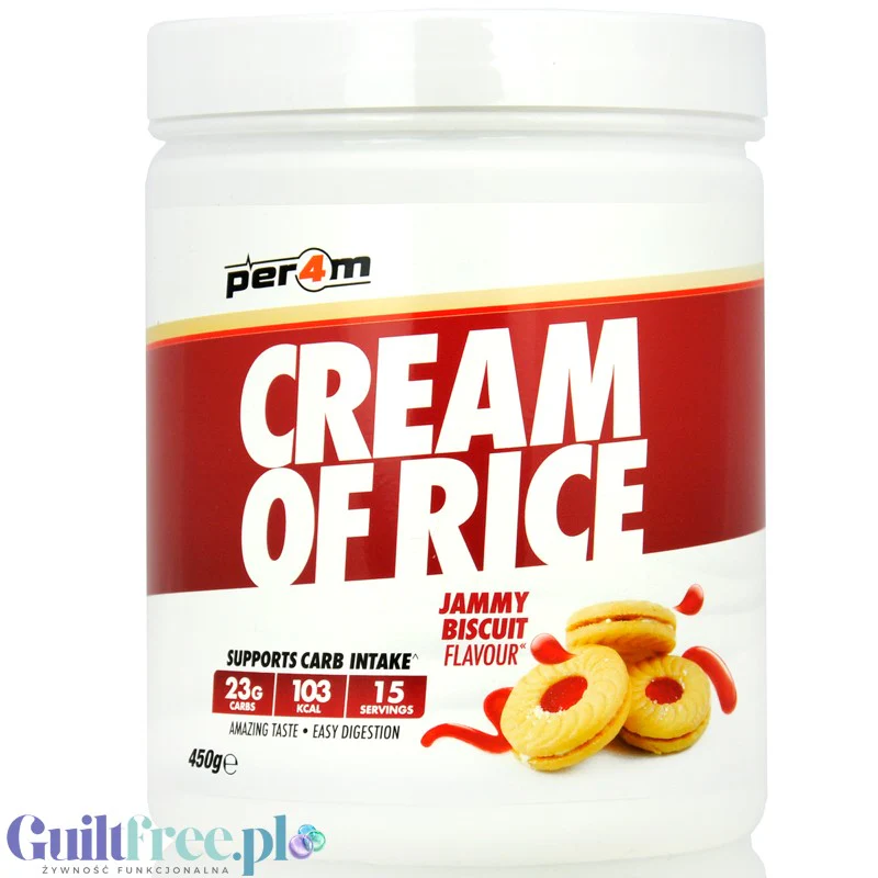 Per4m Cream of Rice, Jammy Biscuit 450g - kleik ryżowy bez cukru, regeneracyjny posiłek treningowy, smak Ciastko z Dżemem