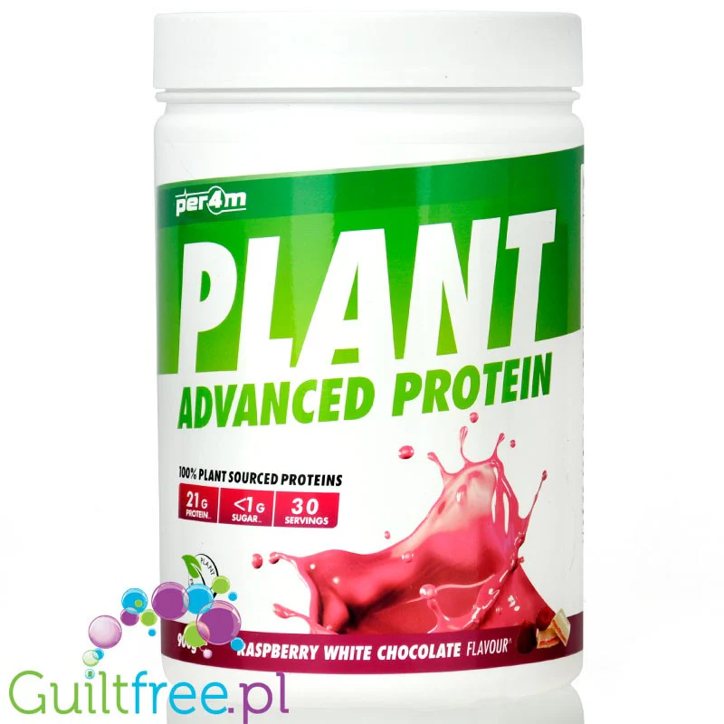 Per4m Vegan Protein Raspberry White Chocolate 900g - wegańska odżywka białkowa bez soi i glutenu z MCT