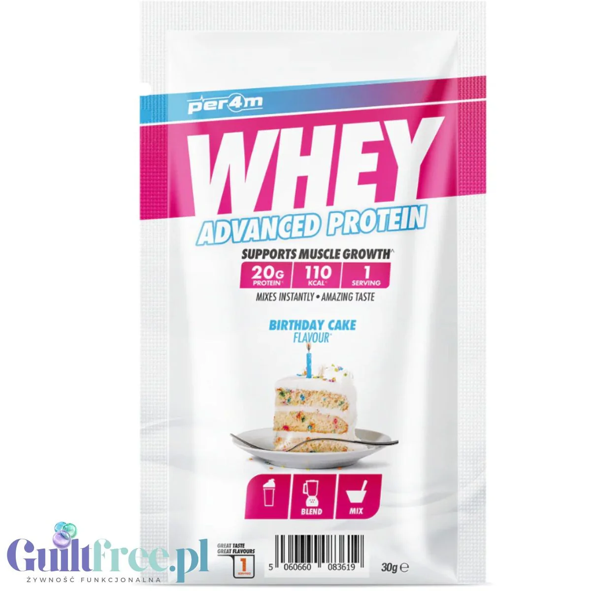 Per4m Whey Advanced Protein Birthday Cake 30g saszetka - gęsta odżywka białkowa WPC, WPI & MPC
