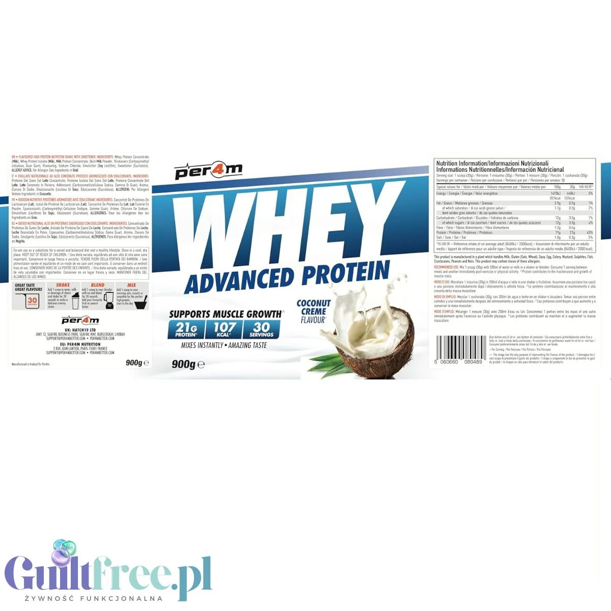 Per4m Whey Advanced Protein Coconut Creme 900g - gęsta odżywka białkowa WPC, WPI & MPC, smak kremu kokosowego - Image 4
