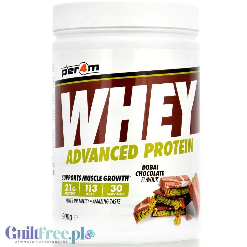 Per4M Whey Advanced Protein Dubai Chocolate 0,9kg - gęsta odżywka białkowa WPC, WPI & MPC o smaku Dubajaskiej Czekolada