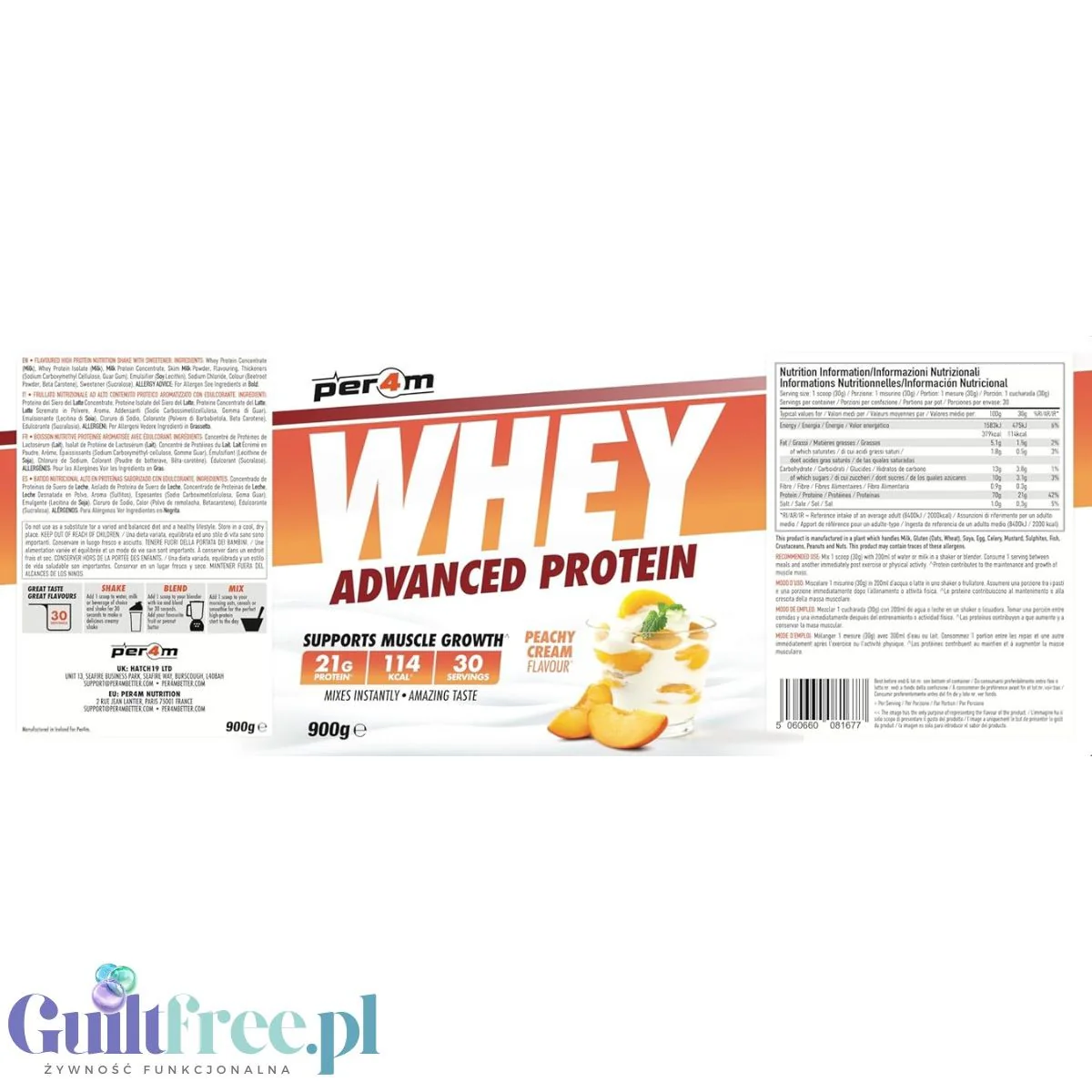 Per4m Whey Advanced Protein Peachy Creme 900g - gęsta odżywka białkowa WPC, WPI & MPC, smak śmietankowo-brzoskwiniowy - Image 2