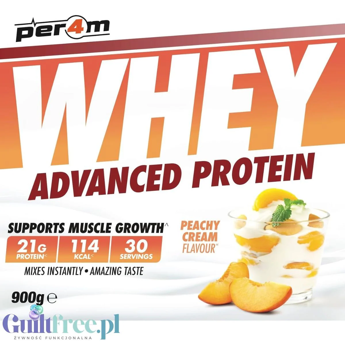 Per4m Whey Advanced Protein Peachy Creme 900g - gęsta odżywka białkowa WPC, WPI & MPC, smak śmietankowo-brzoskwiniowy - Image 4
