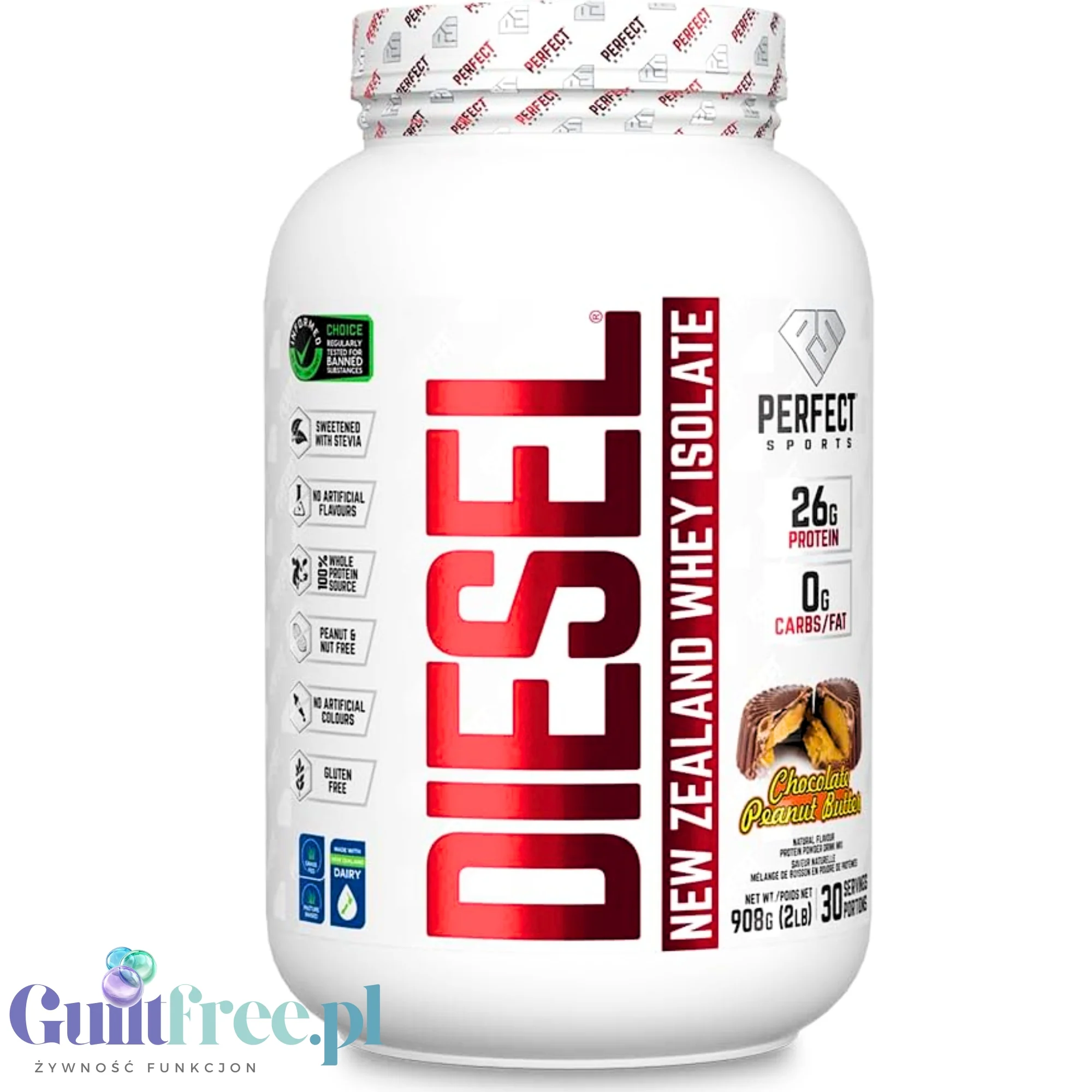 Perfect Sport Diesel 100% Whey Isolate Chocolate Peanut Butter 908g - luksusowa odżywka ze stewią 26g białka & 120kcal