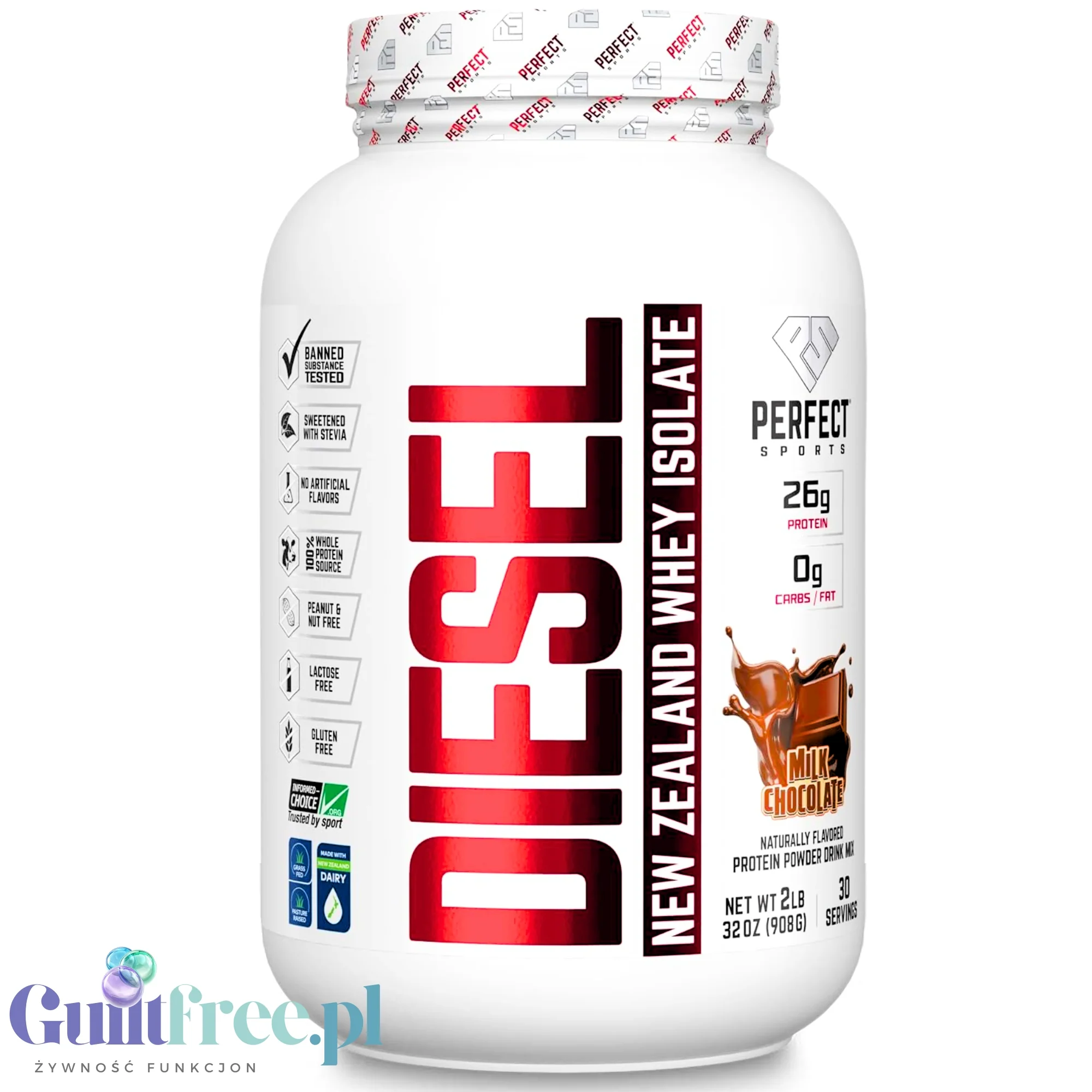 Perfect Sport Diesel 100% Whey Isolate Milk Chocolate 908g - izolat WPI bez cukru i tłuszczu, 26g białka & 120kcal