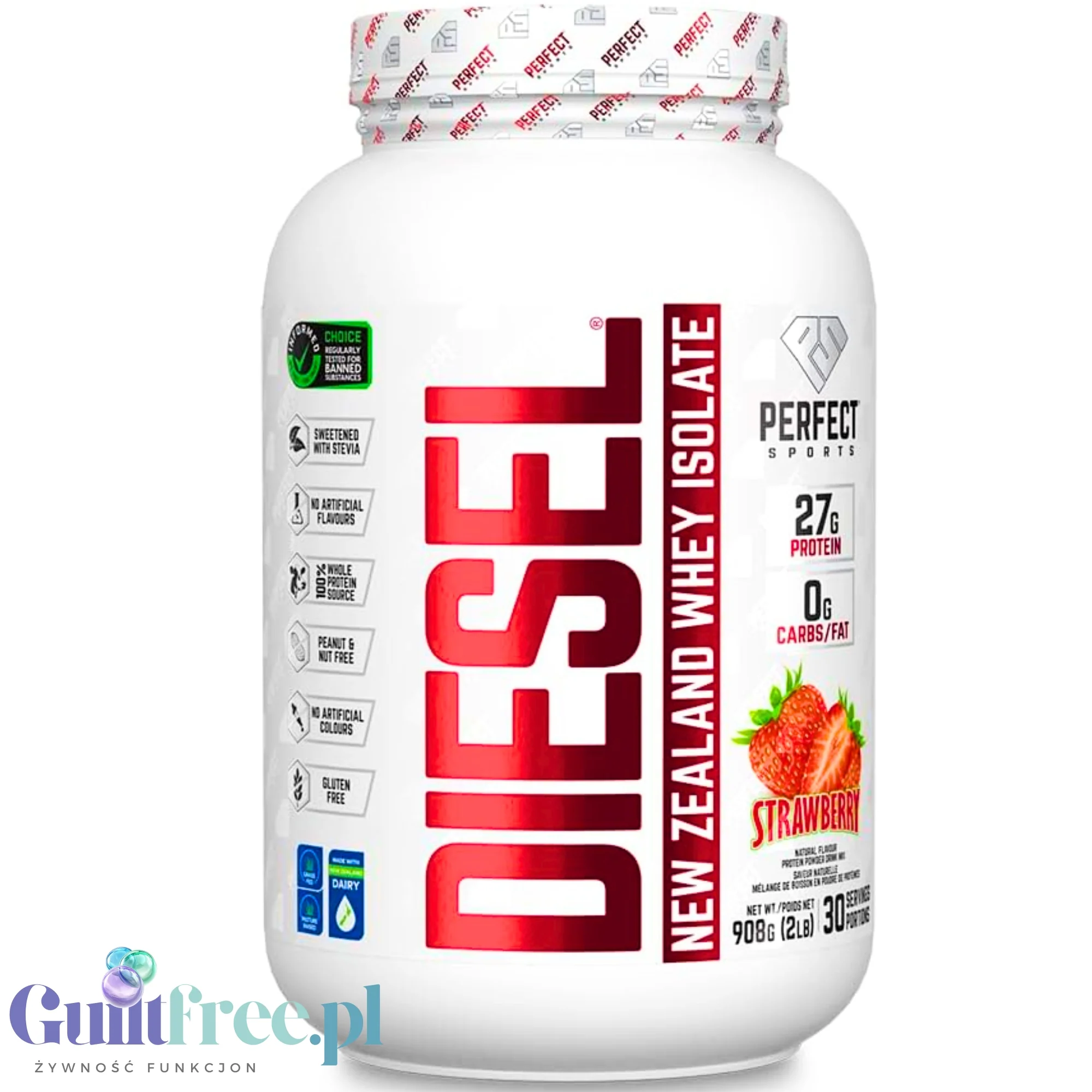 Perfect Sport Diesel 100% Whey Isolate Strawberry - izolat WPI z Nowej Zelandii bez cukru i tłuszczu, 27g białka & 110kcal