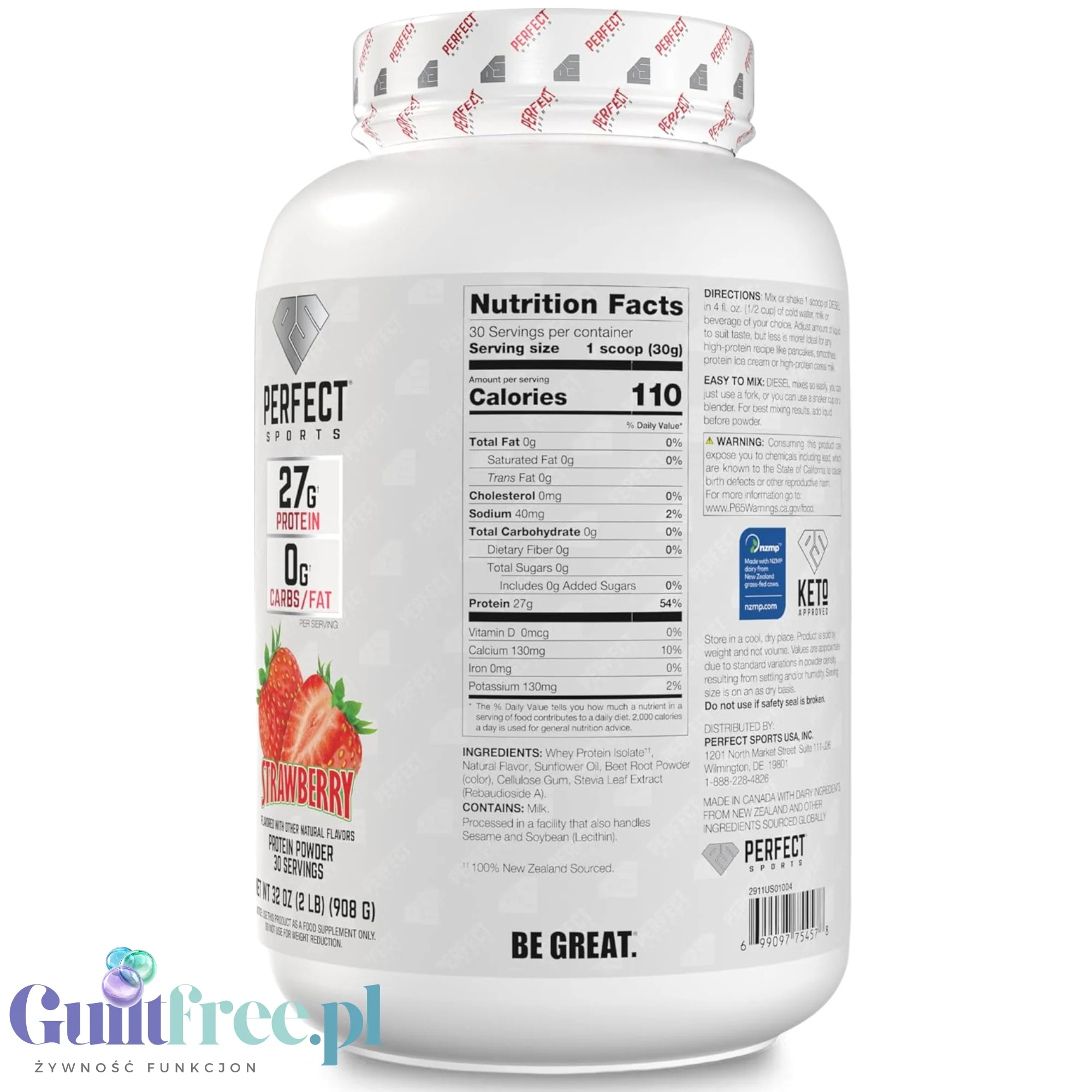 Perfect Sport Diesel 100% Whey Isolate Strawberry - izolat WPI z Nowej Zelandii bez cukru i tłuszczu, 27g białka & 110kcal - Image 2
