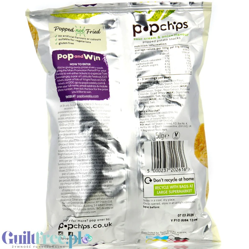 Popchips Cream & Onion 50g - pieczone chipsy 50% mniej tłuszczu, smak Śmietanka & Cebulka - Image 2
