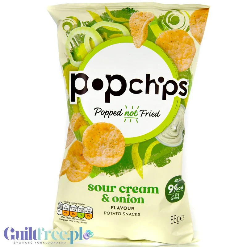 Popchips Cream & Onion 85g - pieczone chipsy 50% mniej tłuszczu, smak Śmietanka & Cebulka