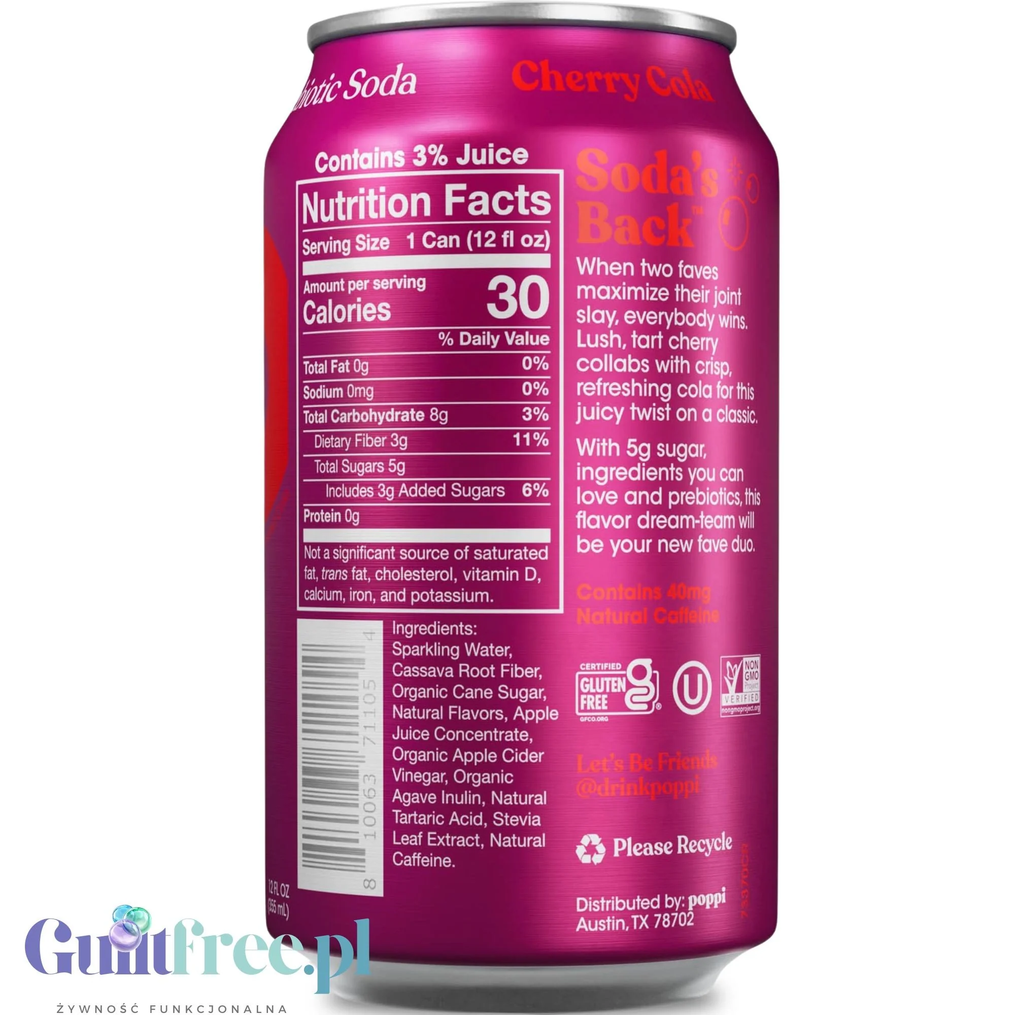Poppi Prebiotic Soda Cherry Cola 355ml - funkcjonalny napój z błonnikiem, stewią i octem jabłkowym - Image 2