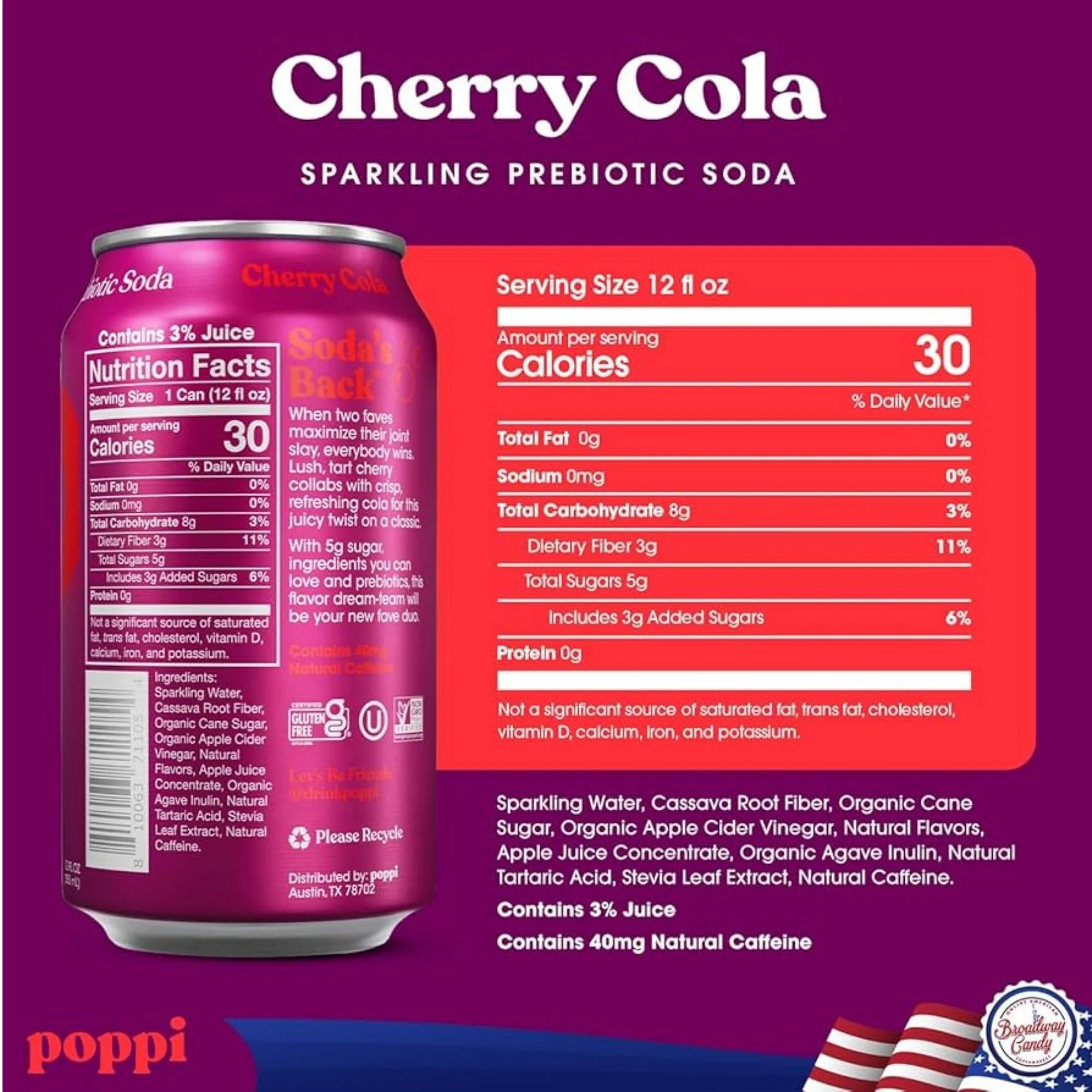 Poppi Prebiotic Soda Cherry Cola 355ml - funkcjonalny napój z błonnikiem, stewią i octem jabłkowym - Image 3