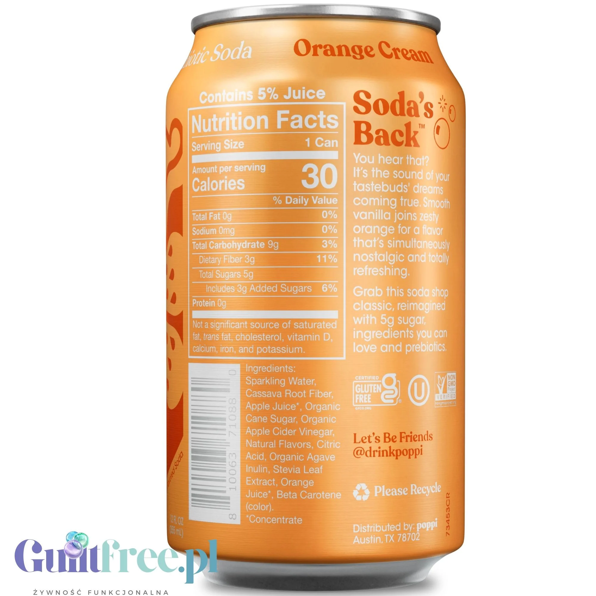 Poppi Prebiotic Soda Orange Cream 355ml - funkcjonalny napój z błonnikiem, stewią i octem jabłkowym - Image 2