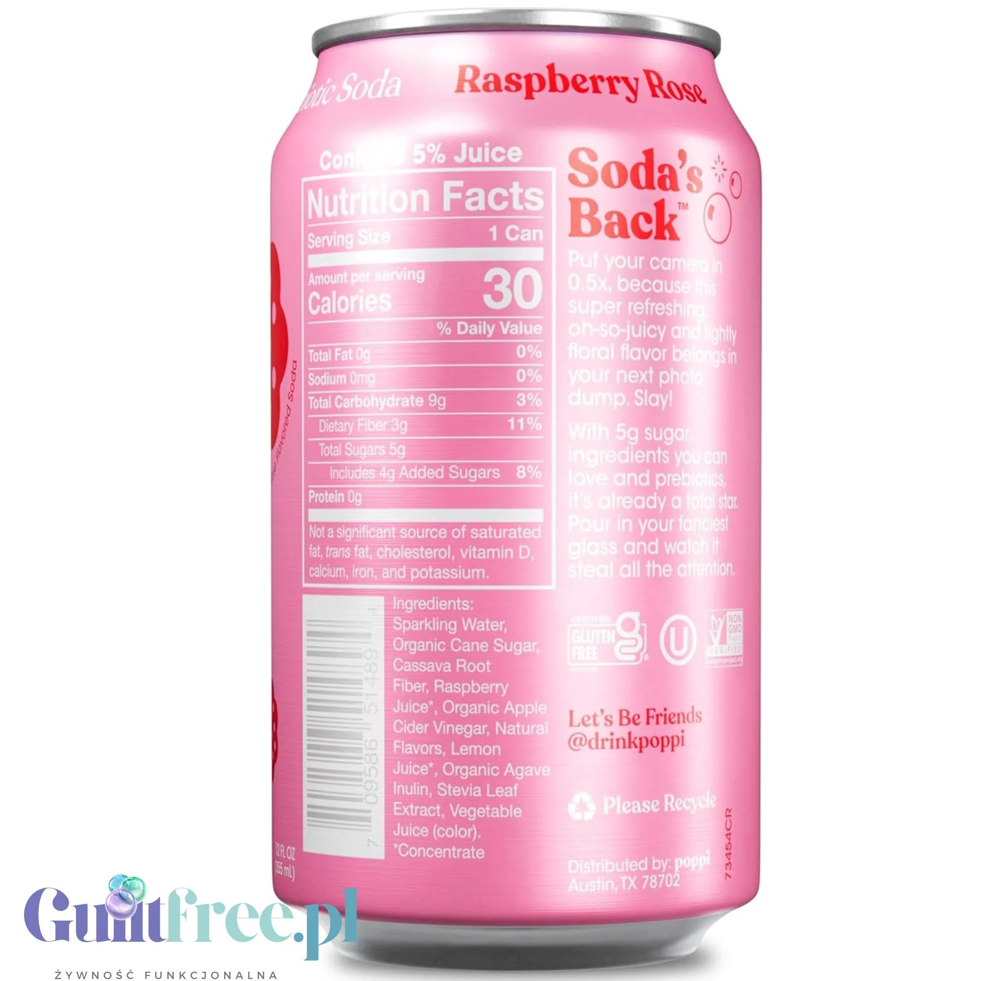 Poppi Prebiotic Soda Raspberry Rose 355ml - funkcjonalny napój z błonnikiem, stewią i octem jabłkowym - Image 2