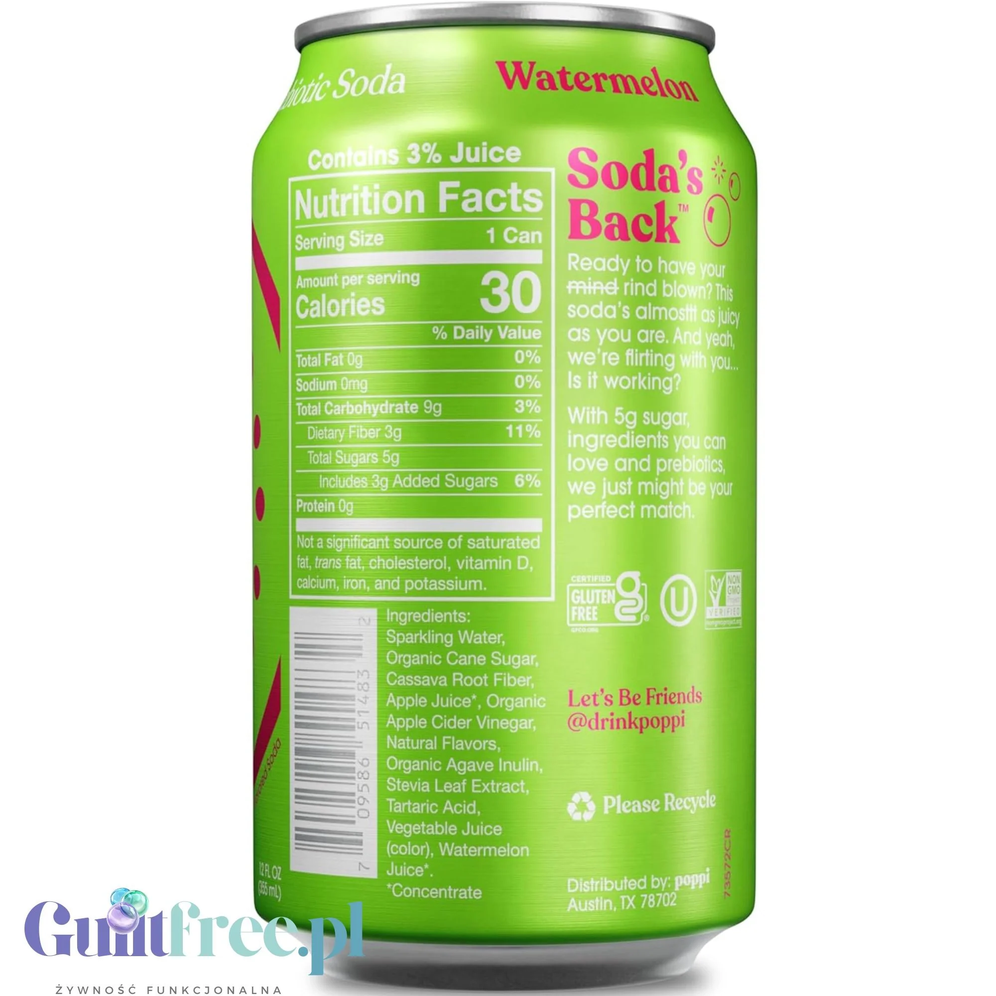 Poppi Prebiotic Soda Watermelon 355ml - funkcjonalny napój z błonnikiem, stewią i octem jabłkowym - Image 2