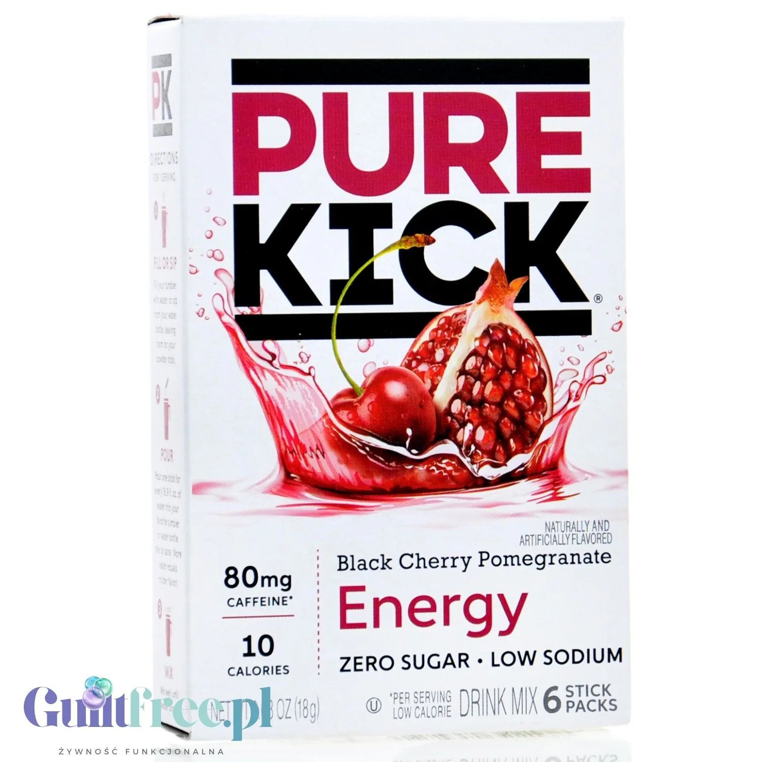 Pure Kick Energy Black Cherry Pomegranate - saszetki bez cukru, napój instant z kofeiną, witaminami i elektrolitami