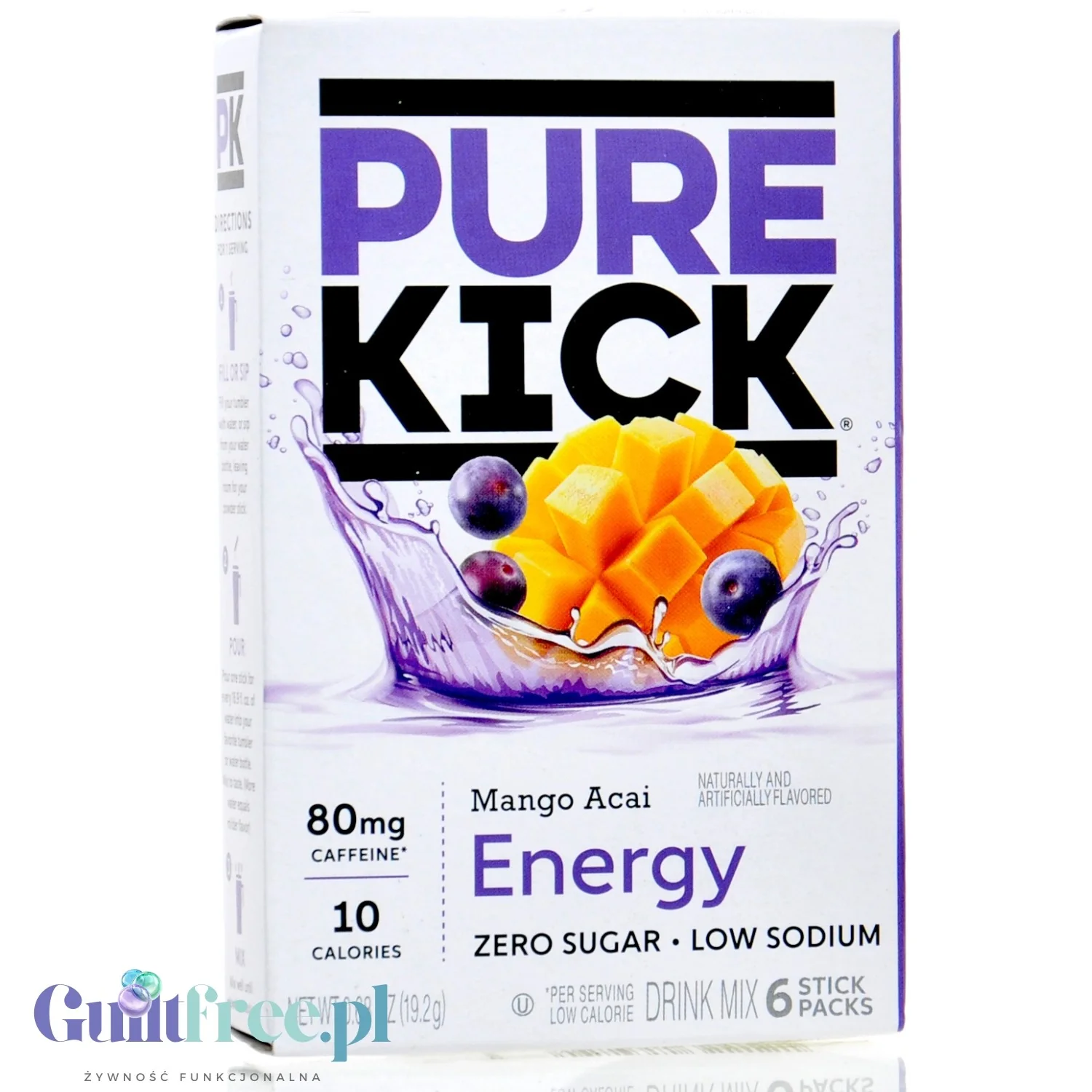 Pure Kick Energy Mango Acai - saszetki bez cukru, napój instant z kofeiną, witaminami i elektrolitami