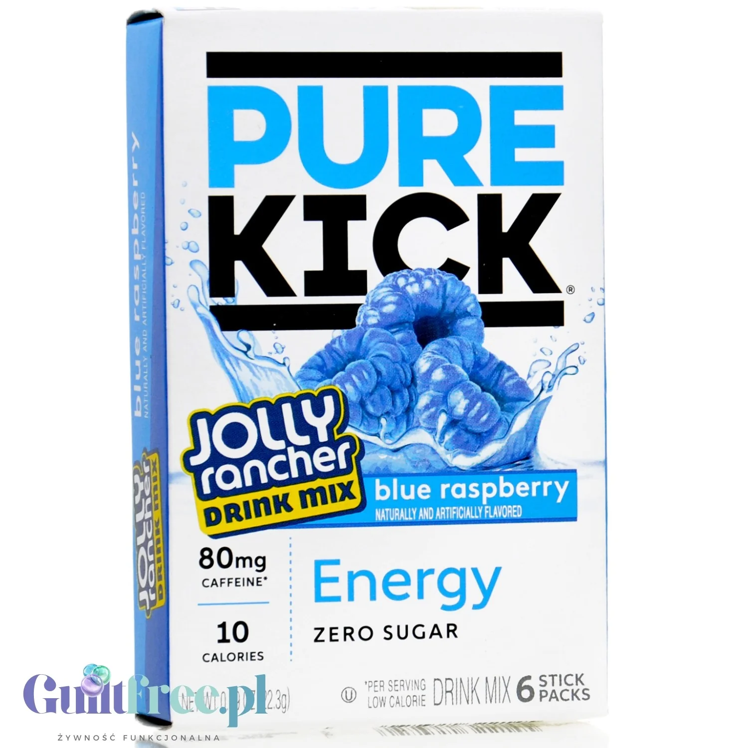 Pure Kick & Jolly Energy Blue Raspberry - saszetki bez cukru, napój instant z kofeiną, witaminami i elektrolitami