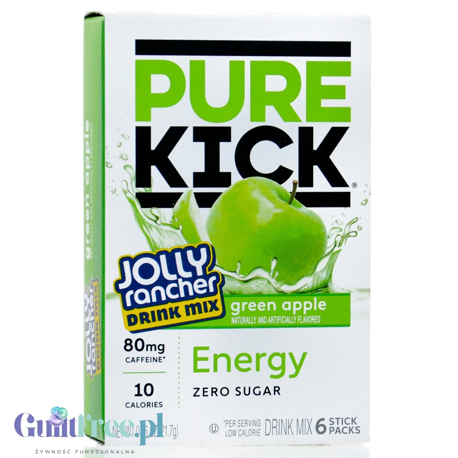 Pure Kick & Jolly Energy Green Apple - saszetki bez cukru, napój instant z kofeiną, witaminami i elektrolitami