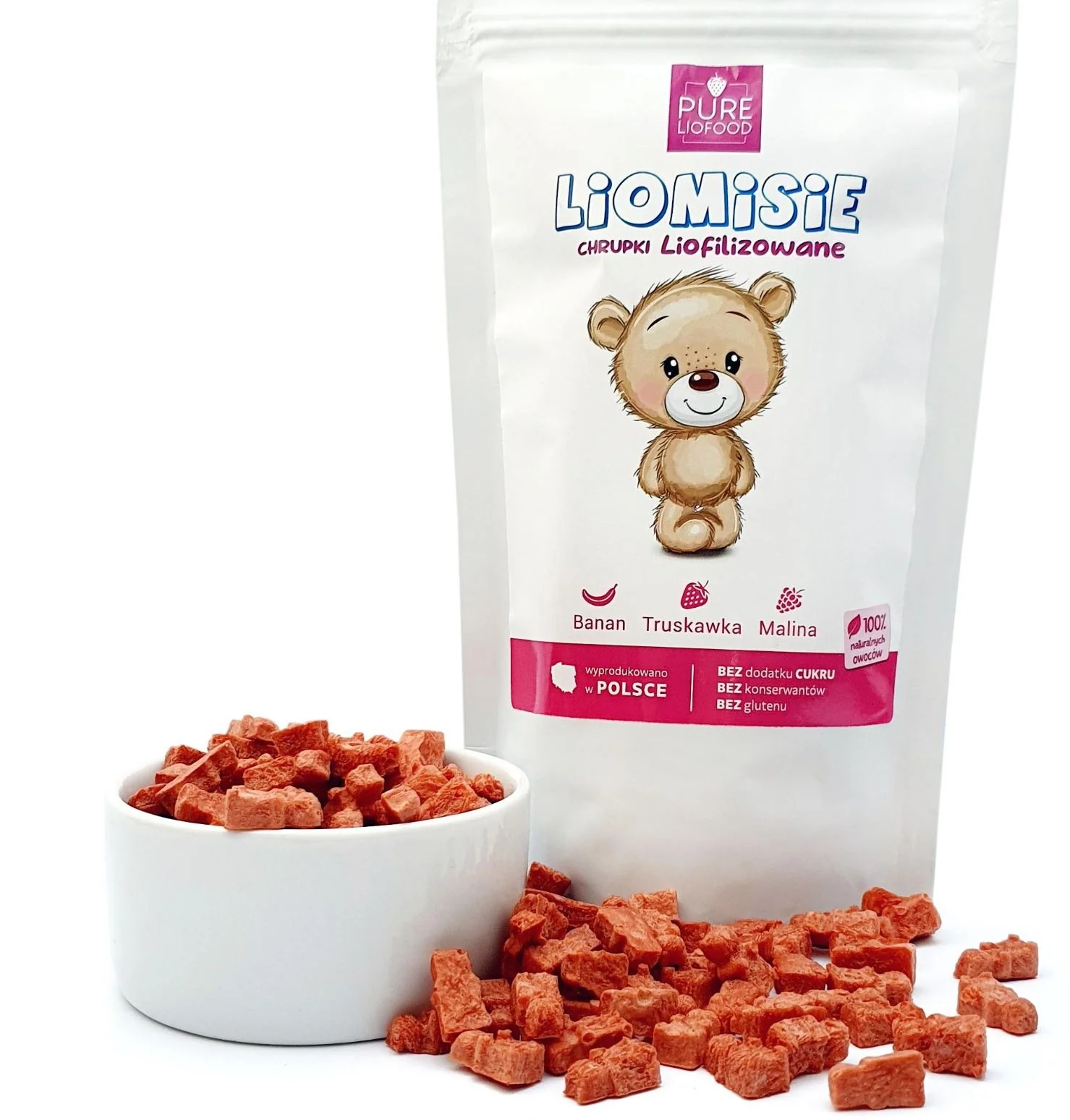 Pure Liofood Liomisie Malina & Truskawka - chrupki liofilizowane z banana, truskawki i maliny w kształcie misiów - Image 3