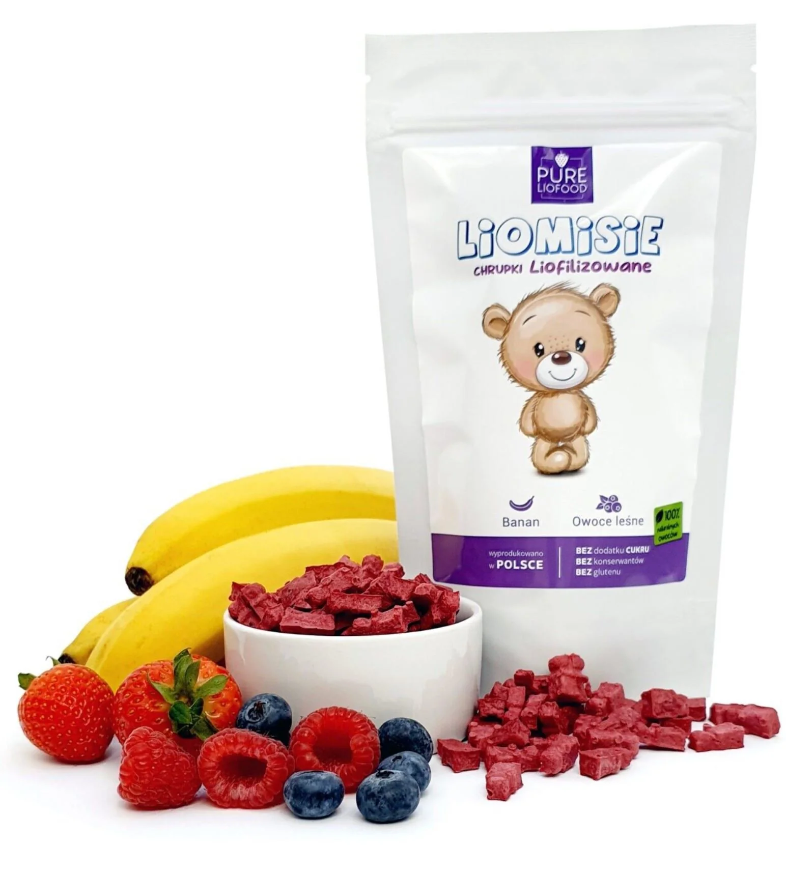 Pure Liofood Liomisie Owoce Leśne - chrupki liofilizowane z banana i owoców leśnych w kształcie misiów - 100% owoców - Image 3