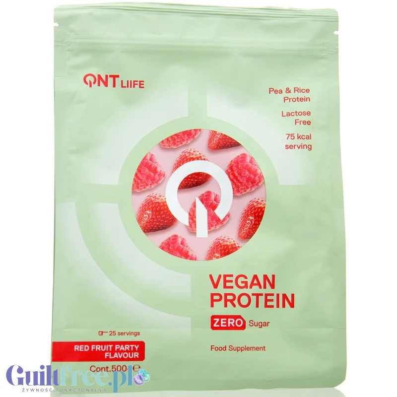 QNT Life Vegan Red Fruit Party - wegańska odżywka białkowa, izolat białka grochu z białkiem ryżu, Truskwki & Maliny