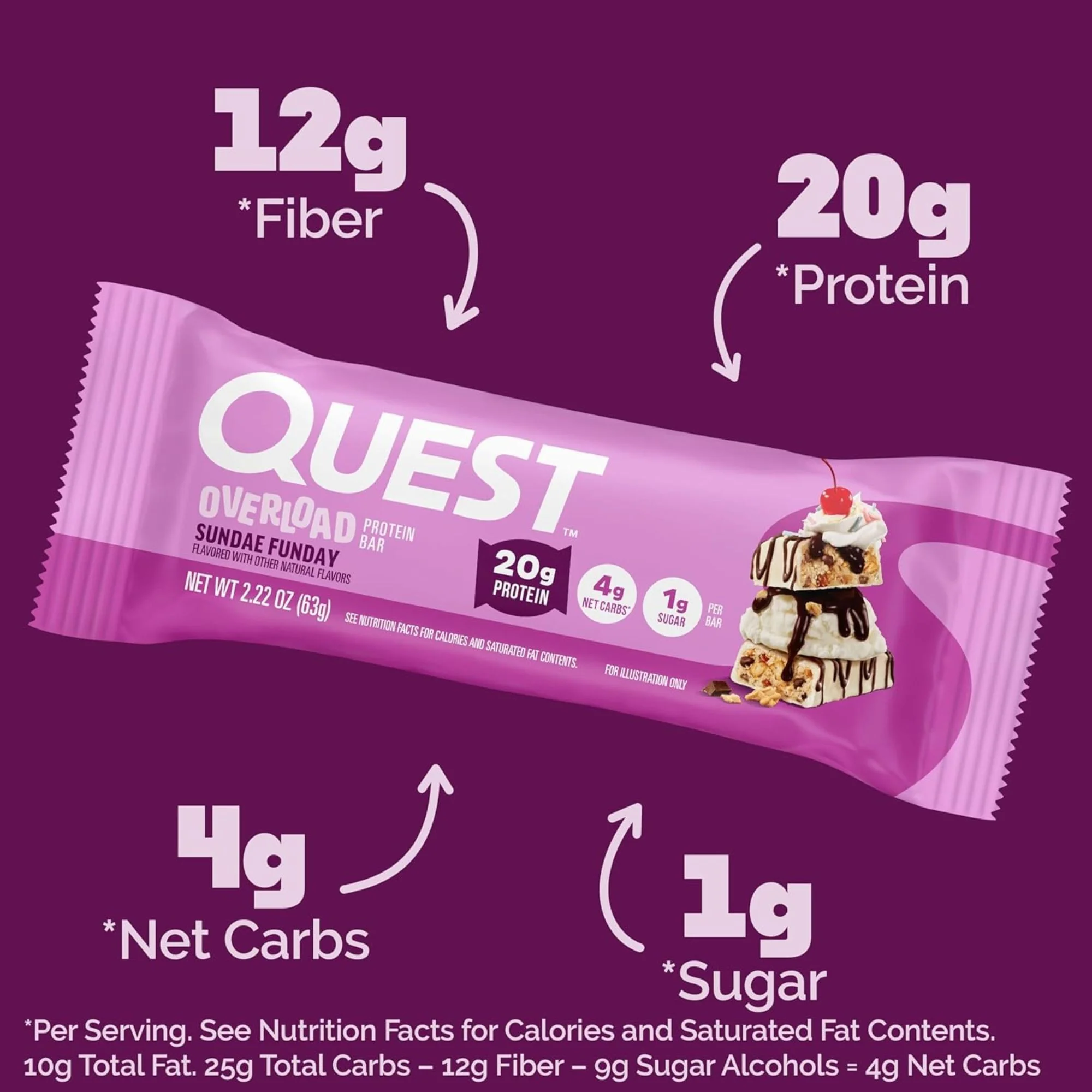 Quest Overload Sundae Funday BOX 12 szt - baton proteinowy bez cukru, 20g białka & 210kcal - Image 9