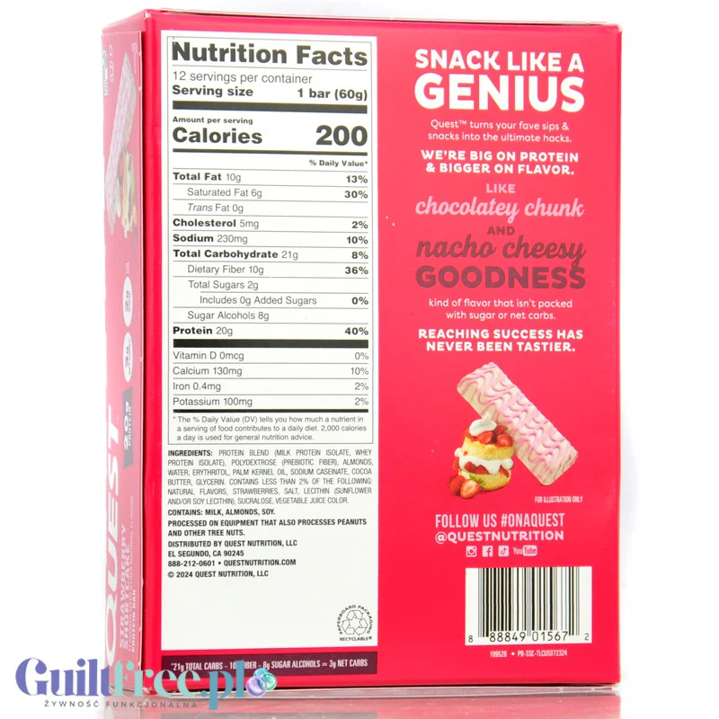 Quest Strawberry Shortcake BOX 12 szt - baton proteinowy bez cukru i maltitolu, smak Ciasto Truskawkowe - Image 3