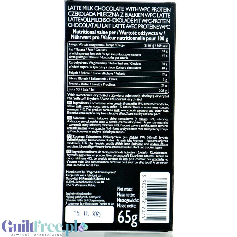 Raw Cocoa 21% Protein Milk Chocolate Caffe Latte - proteinowa kawowa mleczna czekolada bez cukru słodzona erytrytolem - Image 2