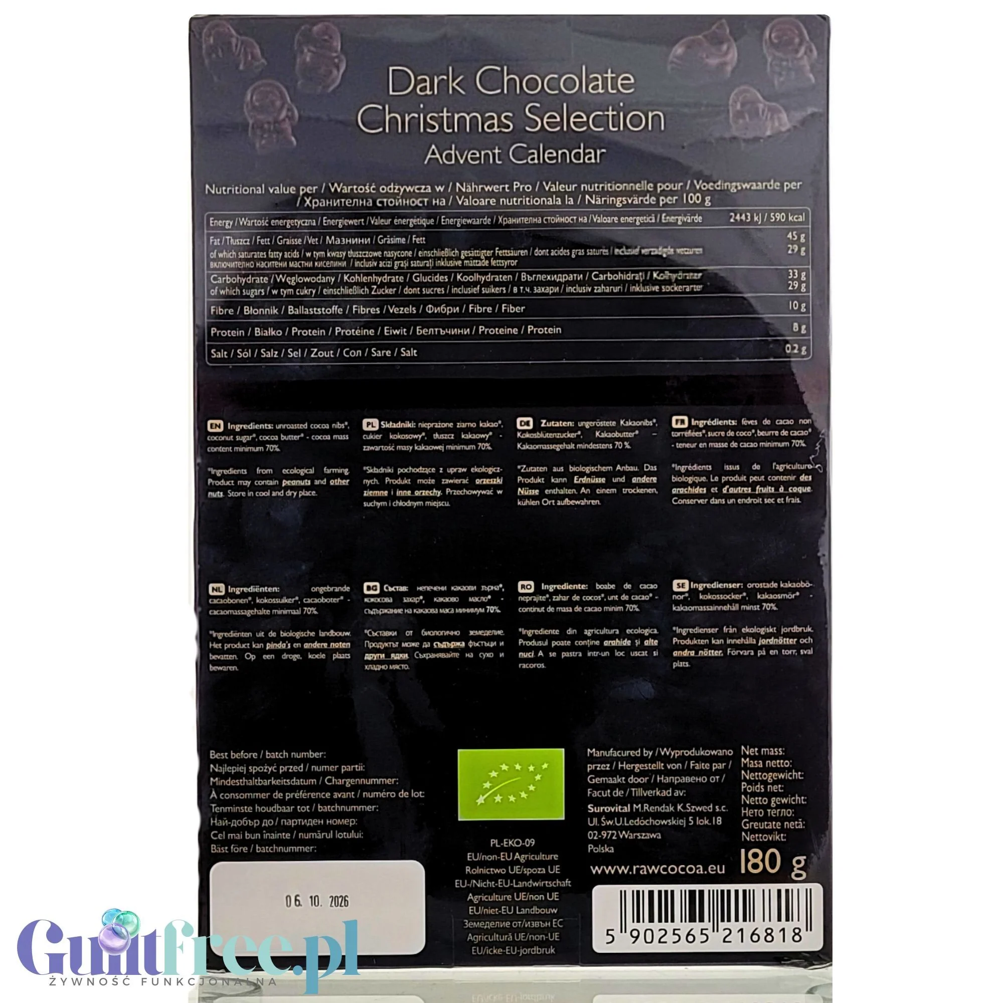 RAW COCOA Dark Chocolate Advent Calendar - wegański kalendarz adwentowy z surowej czekolady 70% kakao - Image 2