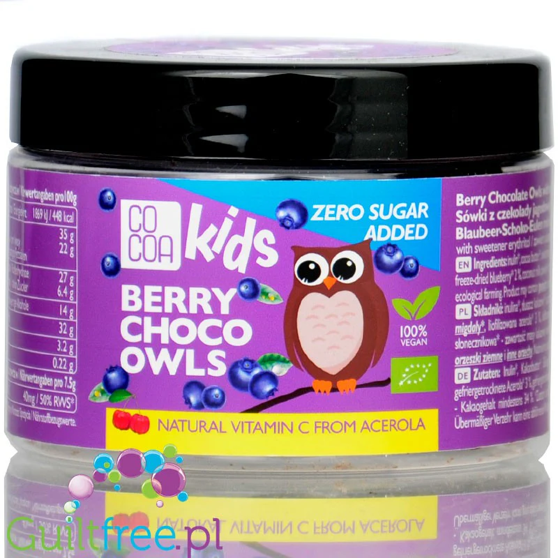 Raw Cocoa Kids Berry Choco Owls - wegańskie sówki z czekolady jagodowej z acerolą bez dodatku cukru