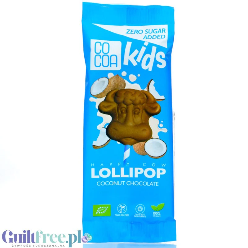 Raw Cocoa Kids Happy Cow lizak z czekolady kokosowej - wegański bezglutenowy czekoladowy lizak bez dodatku cukru
