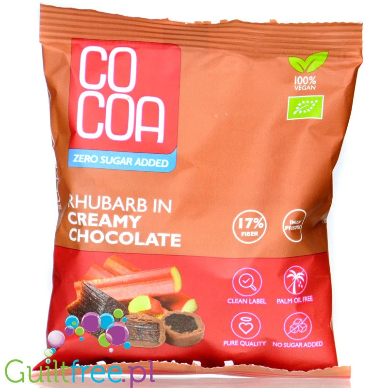 RAW COCOA Rhubarb in Creamy Chocolate - rabarbar w wegańskiej nie-mlecznej czekoladzie bez cukru i oleju palmowego
