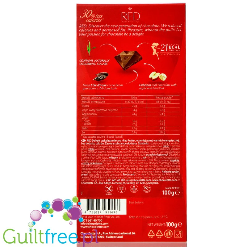 RED Delight Apple & Hazelnut - mleczna czekolada z orzechami laskowymi i jabłkami bez dodatku cukru, 30% mniej kalorii - Image 2