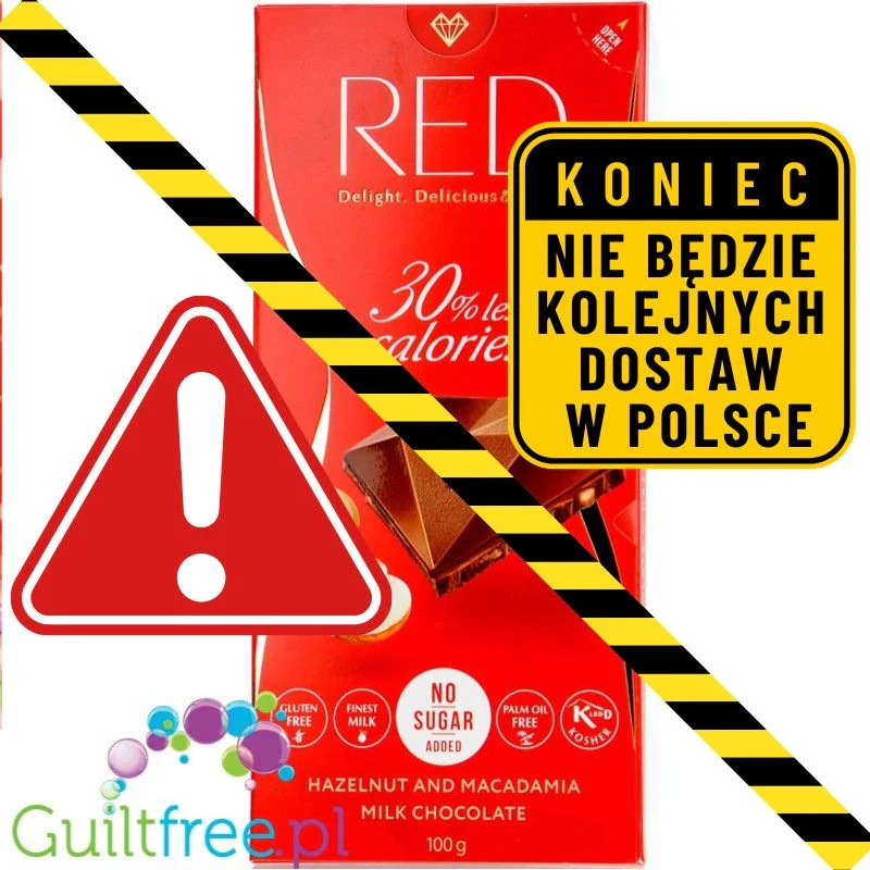 RED Delight mleczna czekolada z orzechami laskowymi i macadamia bez dodatku cukru, 30% mniej kalorii