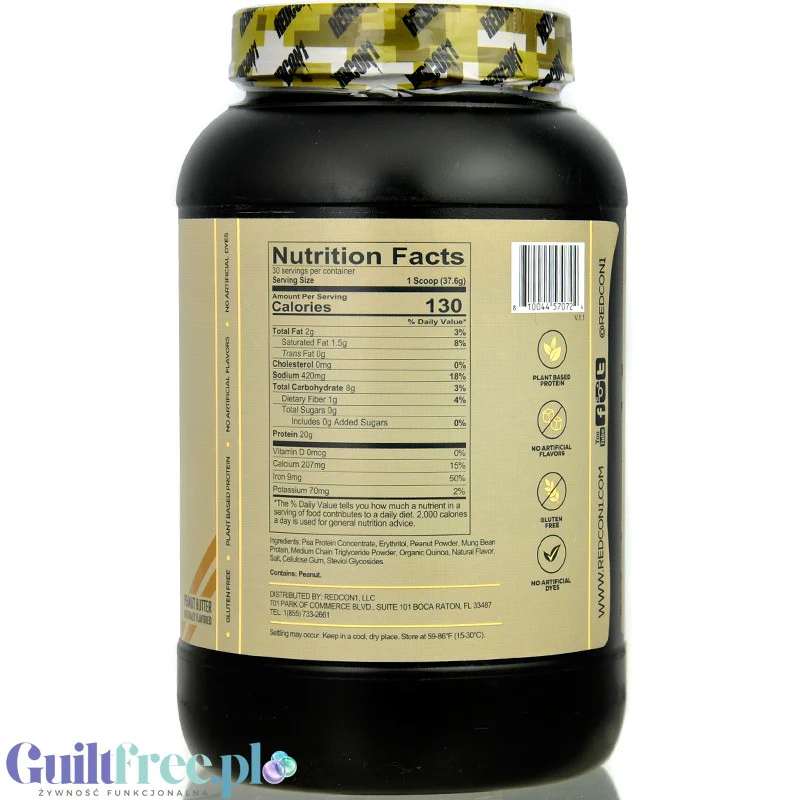 RedCon1 Green Beret Vegan Protein Peanut Butter - wegańska odżywka białkowa ze stewią i erytrolem, bez sukralozy, soi i glutenu - Image 3