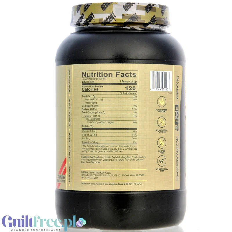 RedCon1 Green Beret Vegan Protein Strawberry - wegańska odżywka białkowa ze stewią i erytrolem, bez sukralozy - Image 2