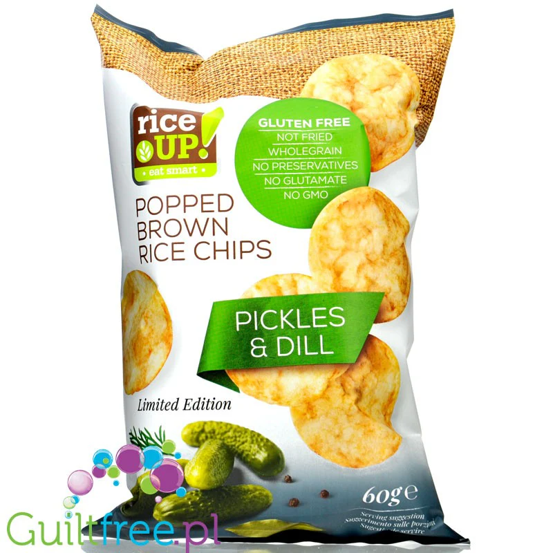 RiceUp Pickles & Dill - Chipsy z brązowego, pełnoziarnistego ryżu o smaku ogórków z koperkiem