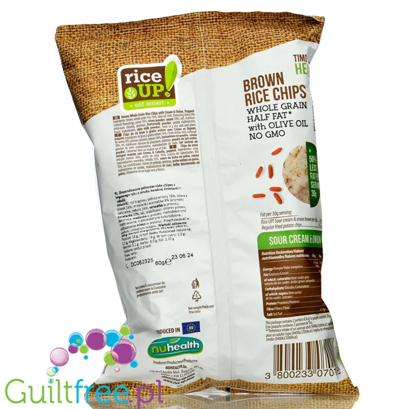 RiceUp Sour Cream & Onion 60g - cieniutkie prażone chipsy z brązowego, pełnoziarnistego ryżu - Image 2