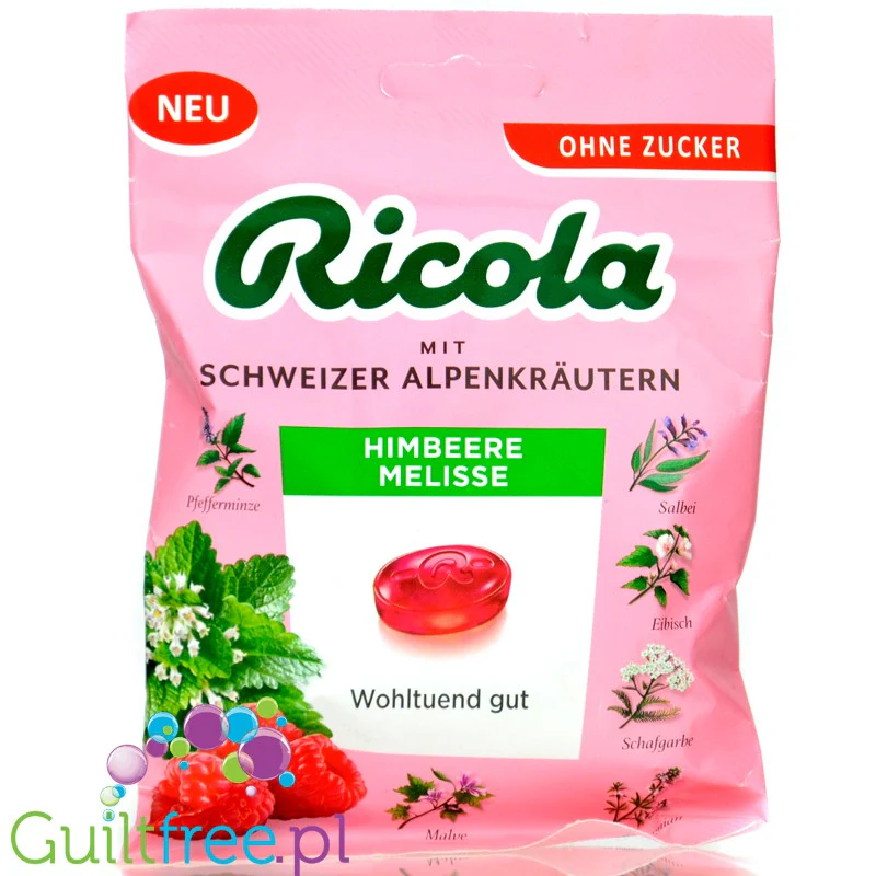 Ricola Raspberry & Lemon Balm - ziołowe cukierki bez cukru, Malina z Melisą