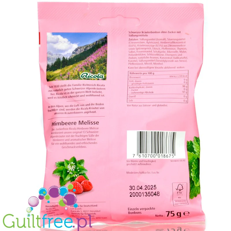 Ricola Raspberry & Lemon Balm - ziołowe cukierki bez cukru, Malina z Melisą - Image 2