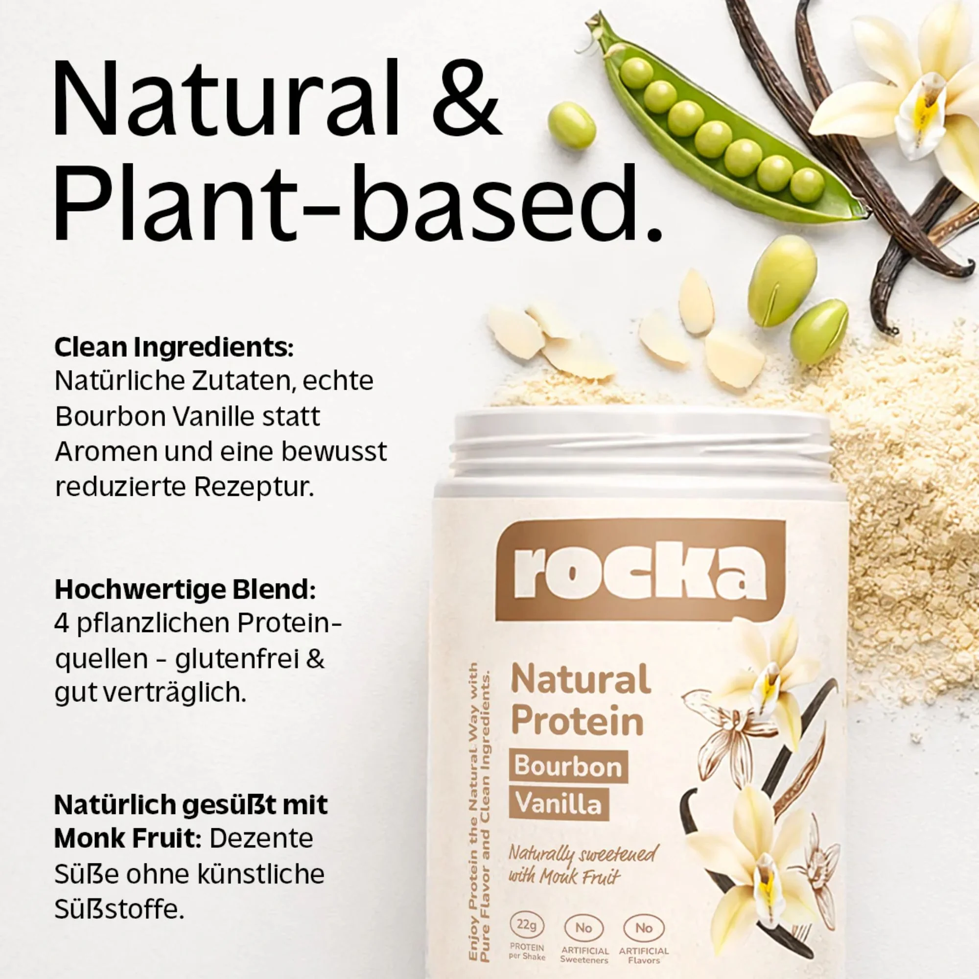Rocka Nutrition Natural Protein Bourbon Vanilla 600g - wegańska odżywka białkowa ULTRA prosty skład unikat - Image 3