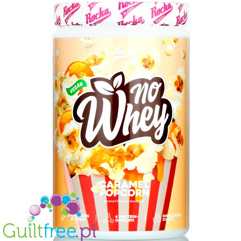 Rocka Nutrition NO WHEY Caramel Popcorn 1kg - wegańska odżywka białkowa 4 źródeł białka, edycja limitowana